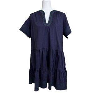 Pomander Place Womens Tiered Dress Navy Blue Cotton Short Sleeve Size M
